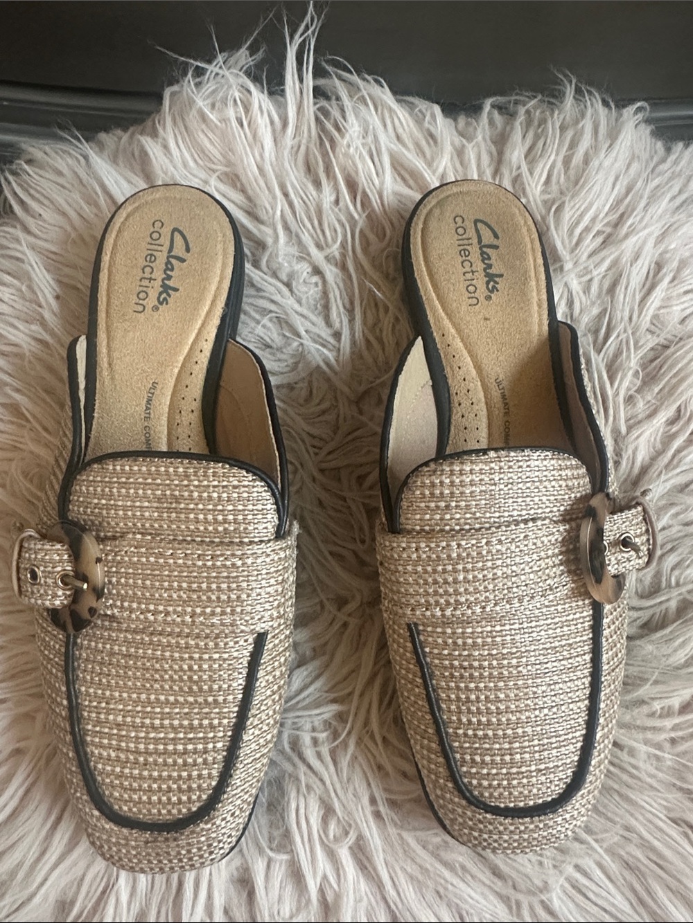 Clarks Woven Tan Slip-On Mules with Buckle Trim